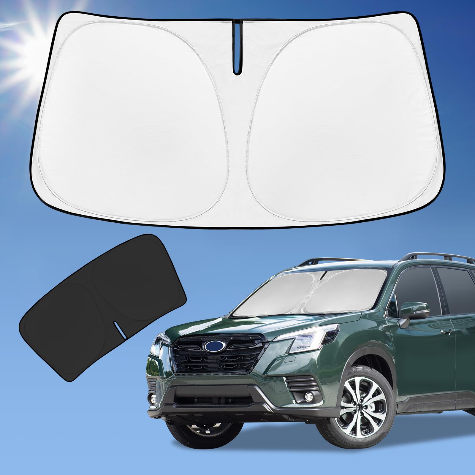 ZOIBV Subaru Forester sunshade on front windshield blocks heat for cooler rides.