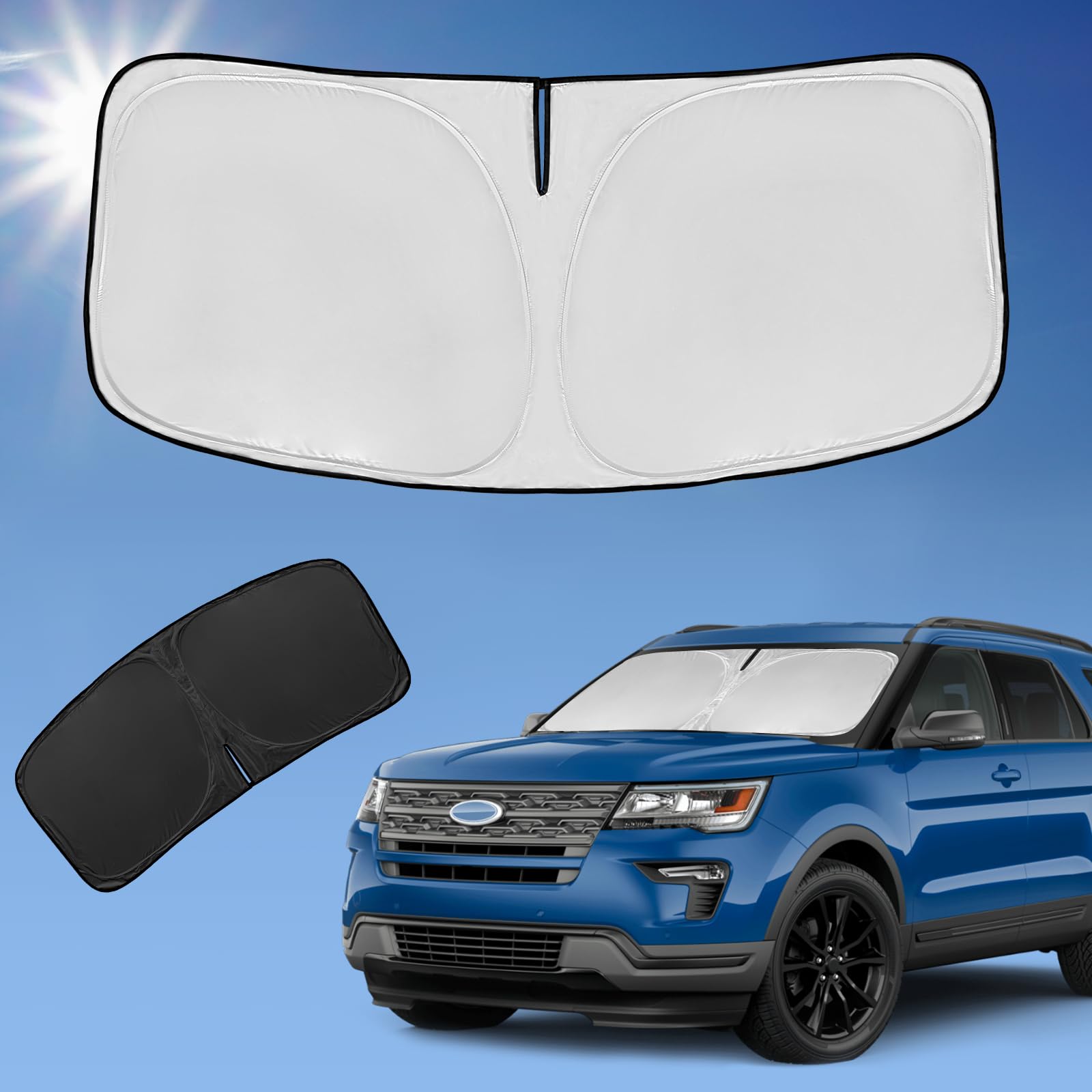 ZOIBV sun shade for Ford Explorer front windshield (2011–2019), blocks sun and reduces heat.