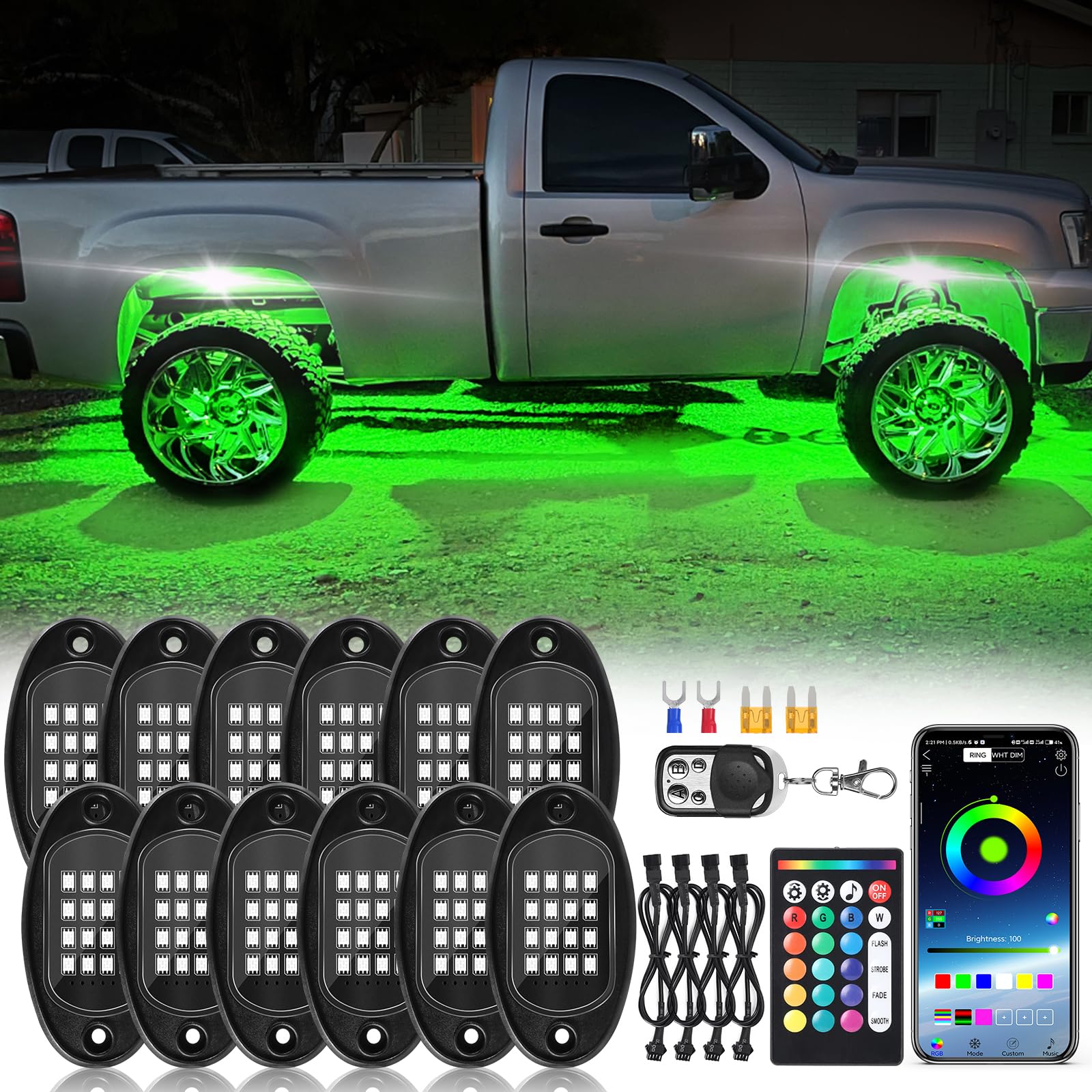 ZONECONA 12Pods rock lights kit packaging highlights quick setup for underbody glow.
