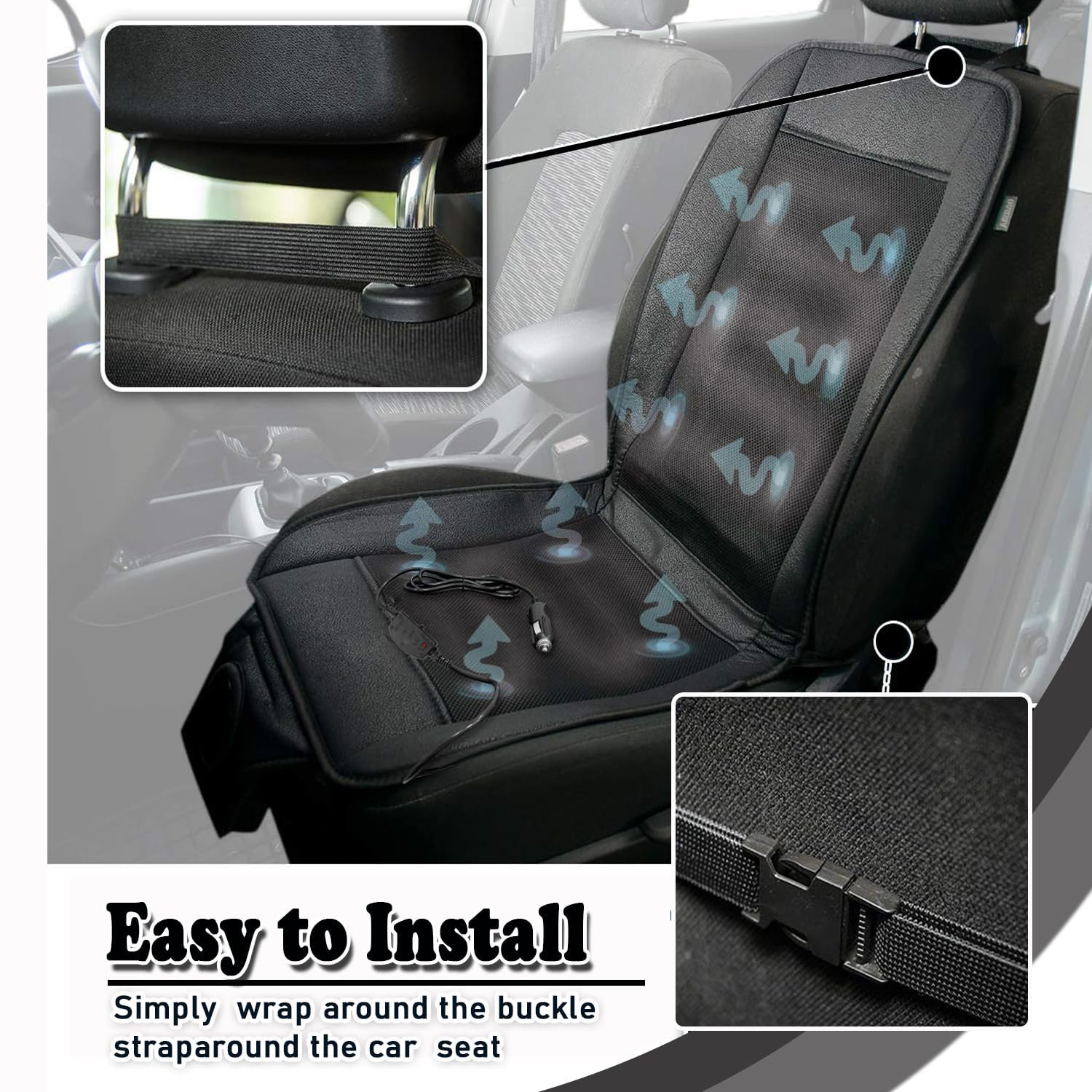Universal-fit cushion secured with adjustable straps for cars, trucks, and SUVs.