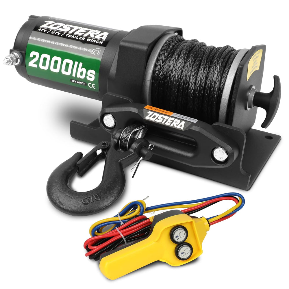 Zostera 2000lb ATV winch with synthetic rope for rugged off-road recovery.