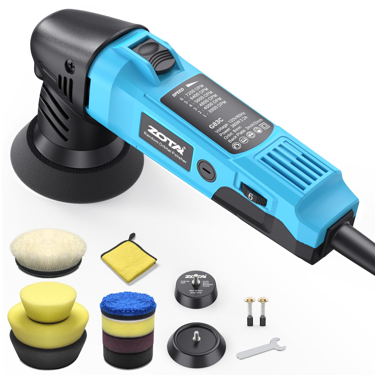 ZOTA 3-inch polisher compact design reaching headlights and tight spots for detailing.