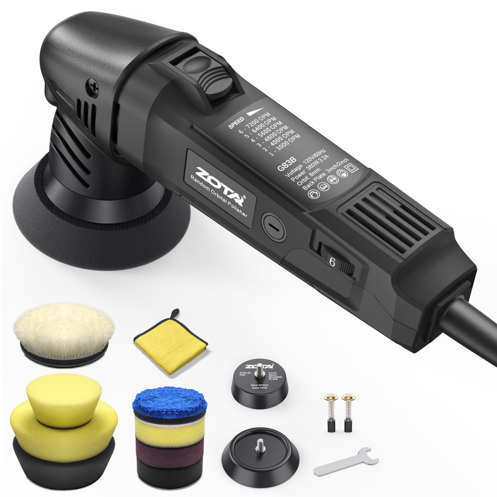 ZOTA Mini Buffer Polisher compact design ideal for tight spaces and headlights.