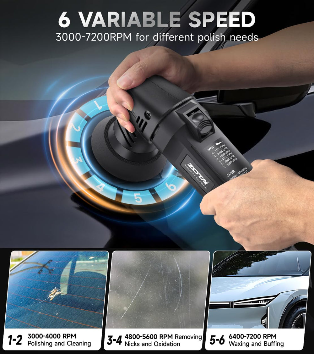 ZOTA Mini Buffer Polisher delivers quiet operation with powerful 380-watt performance.