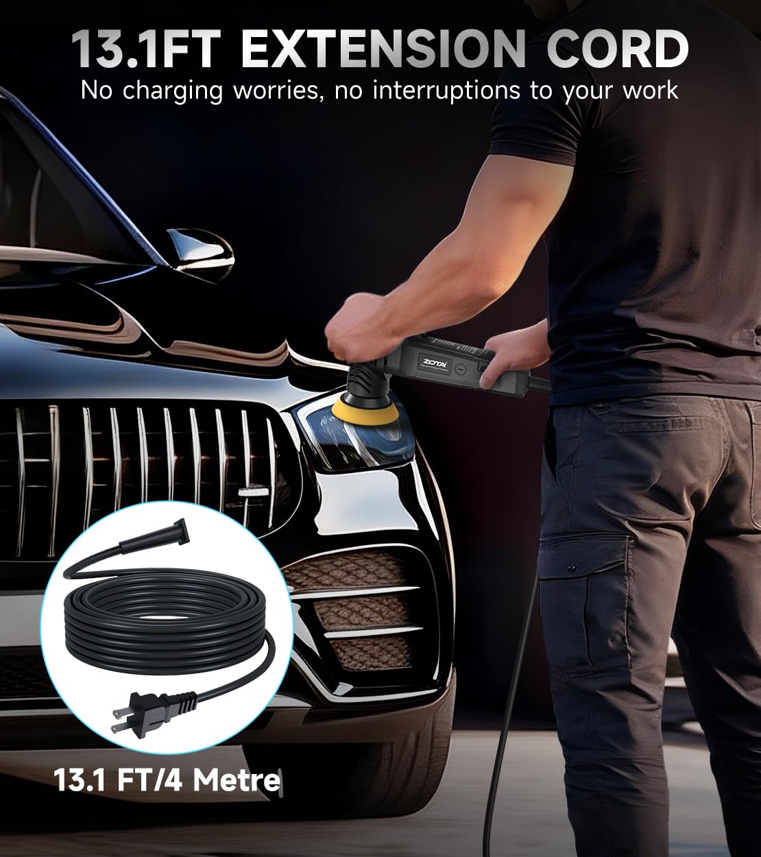 ZOTA Mini Buffer Polisher demonstrates ergonomic side-handle and control in use.