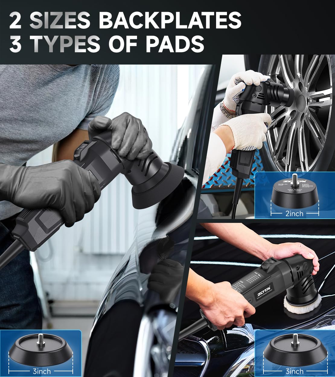 ZOTA Mini Buffer Polisher offers variable speed from 3000 to 7200 RPM for control.
