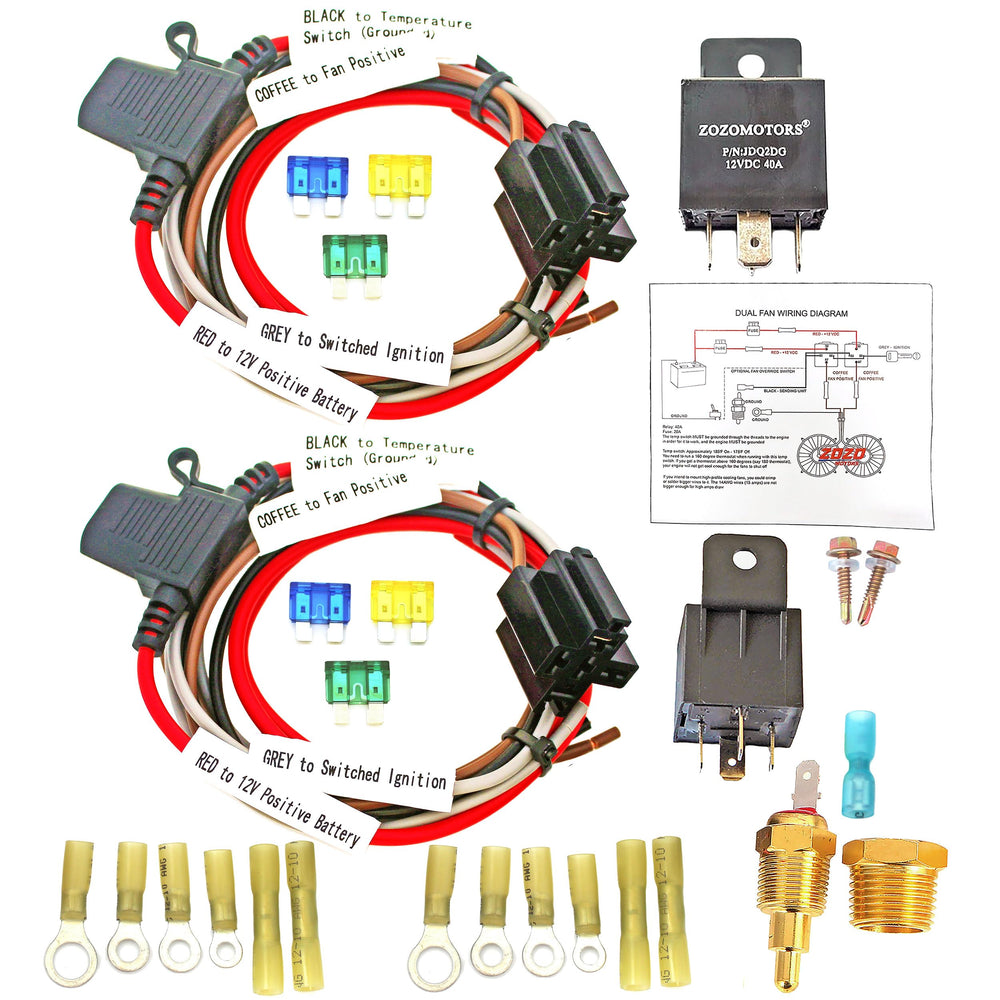ZOZOMOTORS dual fan relay kit packaging shows labeled components for easy setup