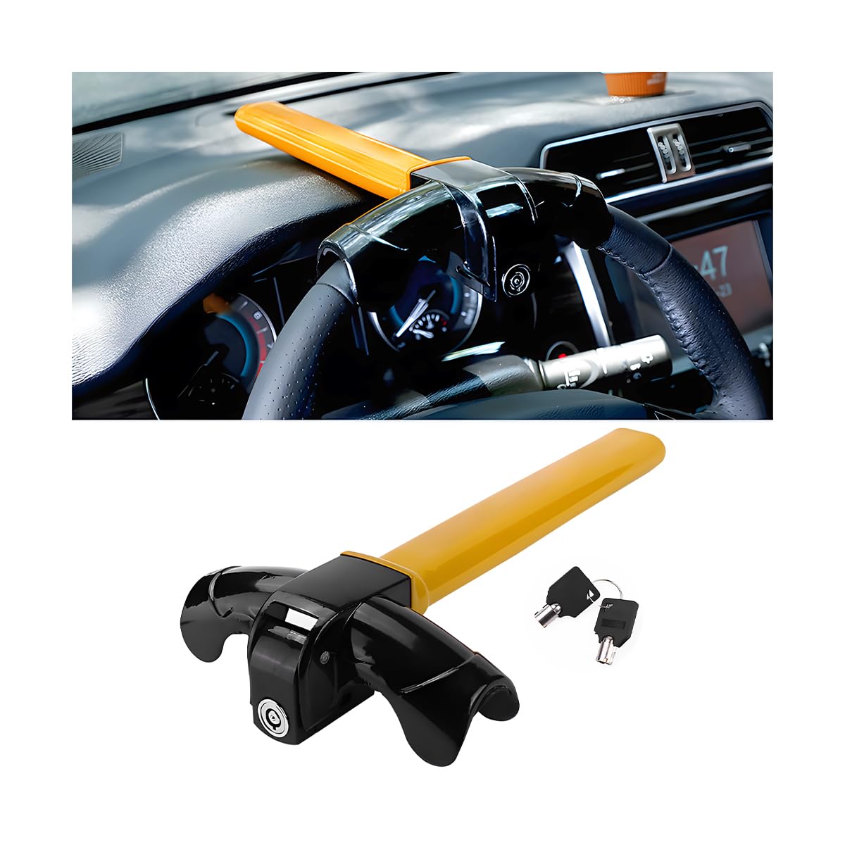 Zpana steering wheel lock with triangular design blocks wheel rotation.