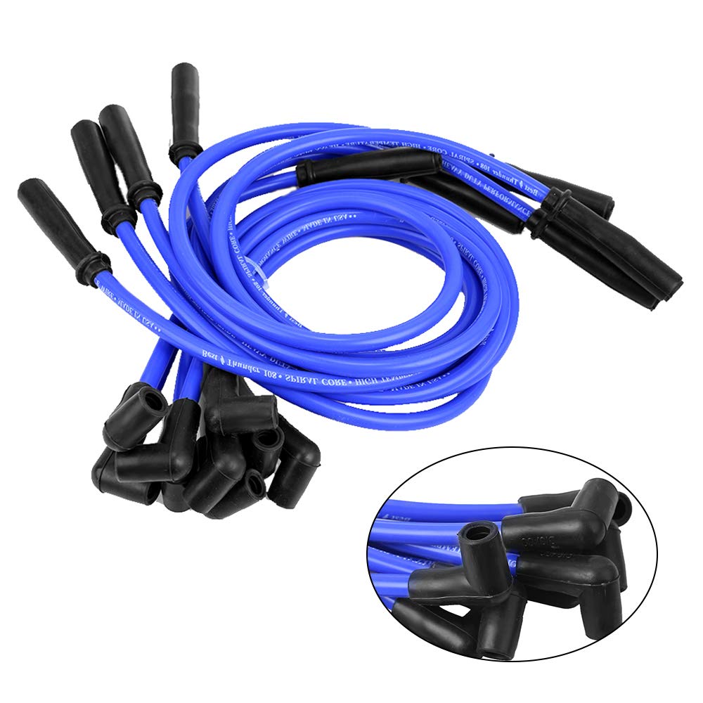 Zreneyfex blue spark plug wires, 9pcs pack, reliable power delivery for SBC and BBC engines.