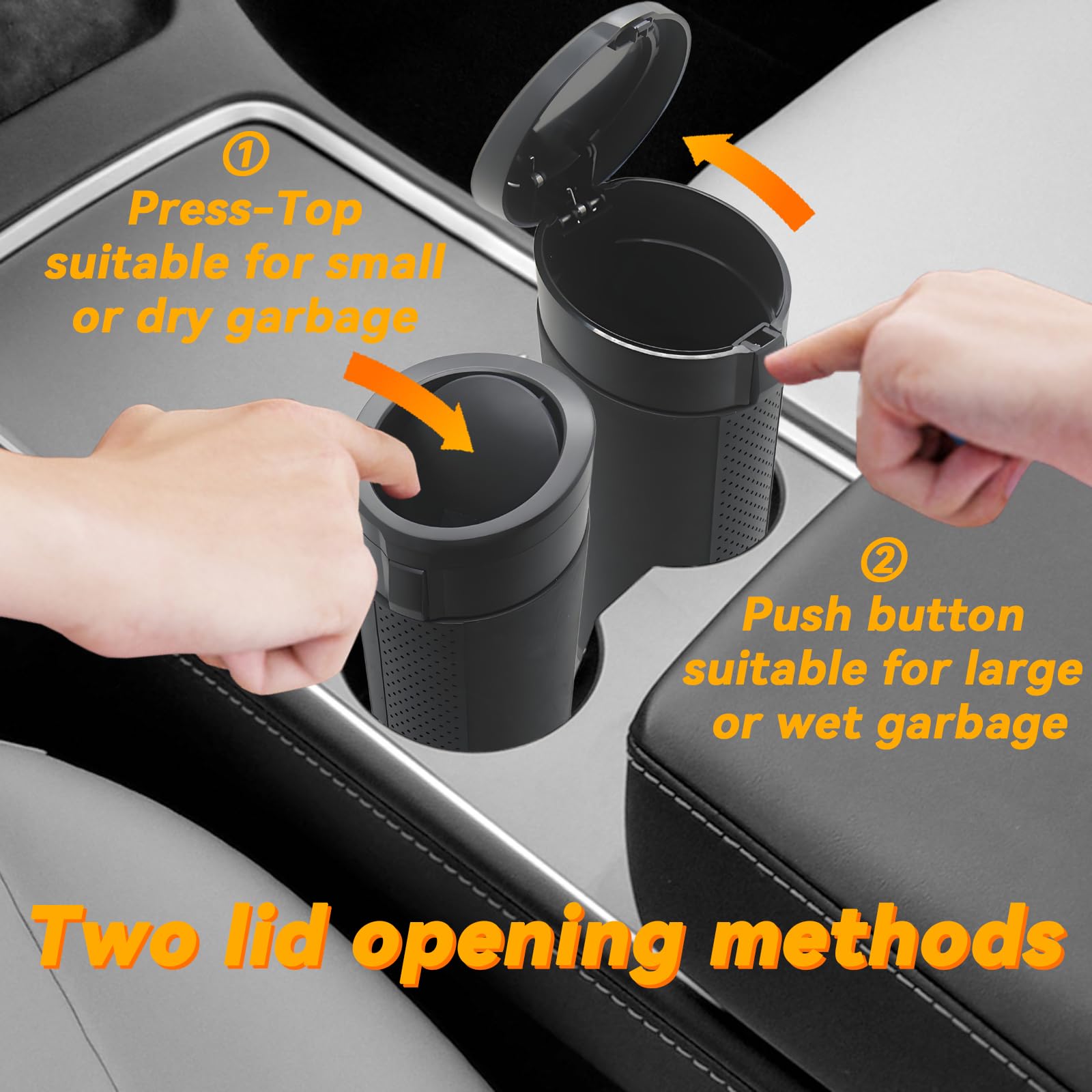 ZSZJOLCT mini trash bin sits securely in cup holder for quick disposal.