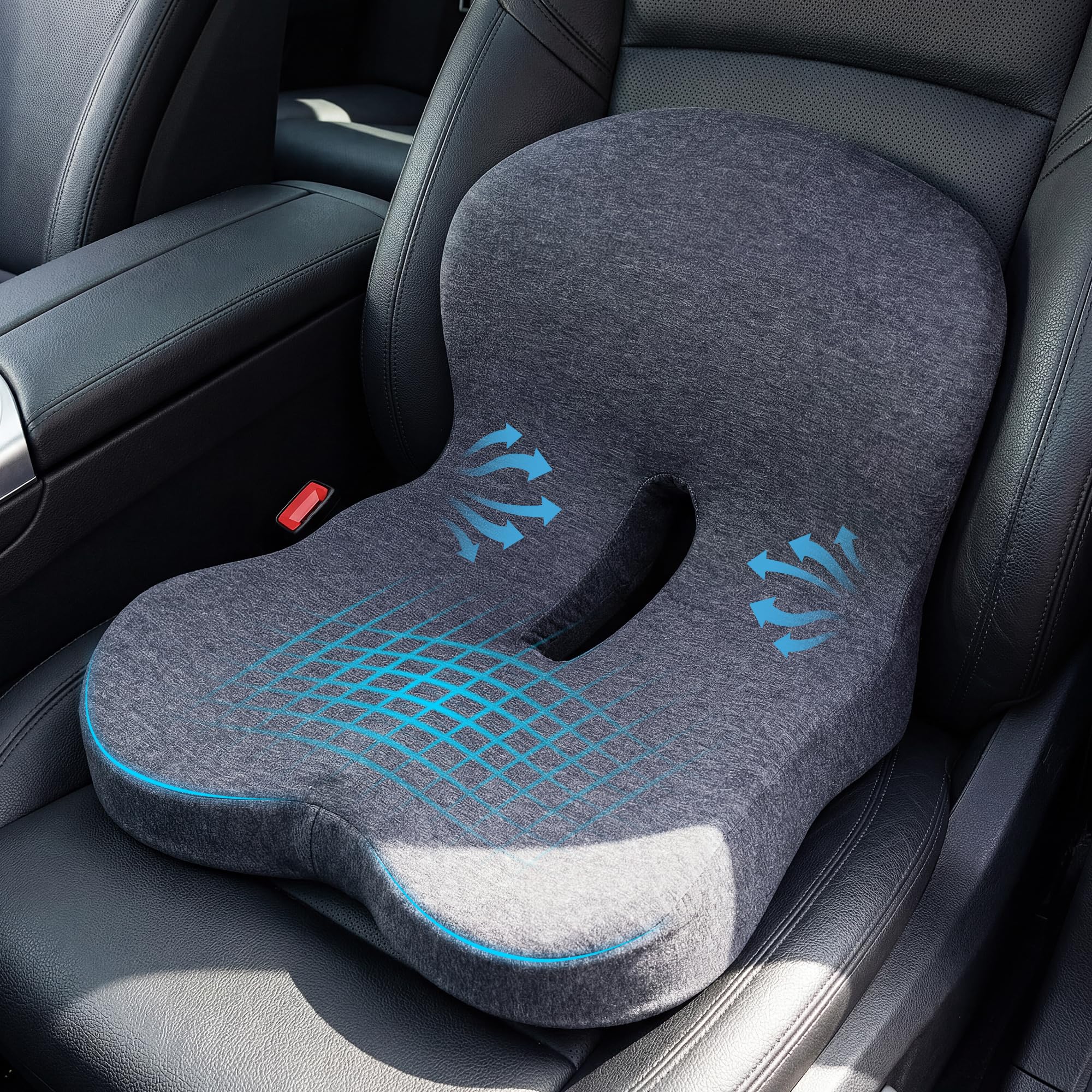 ZUAMEGU memory foam cushion on car seat provides tailbone support during commutes.