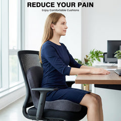 ZUAMEGU memory foam cushion side profile highlights ergonomic U-shape for lower-back support.