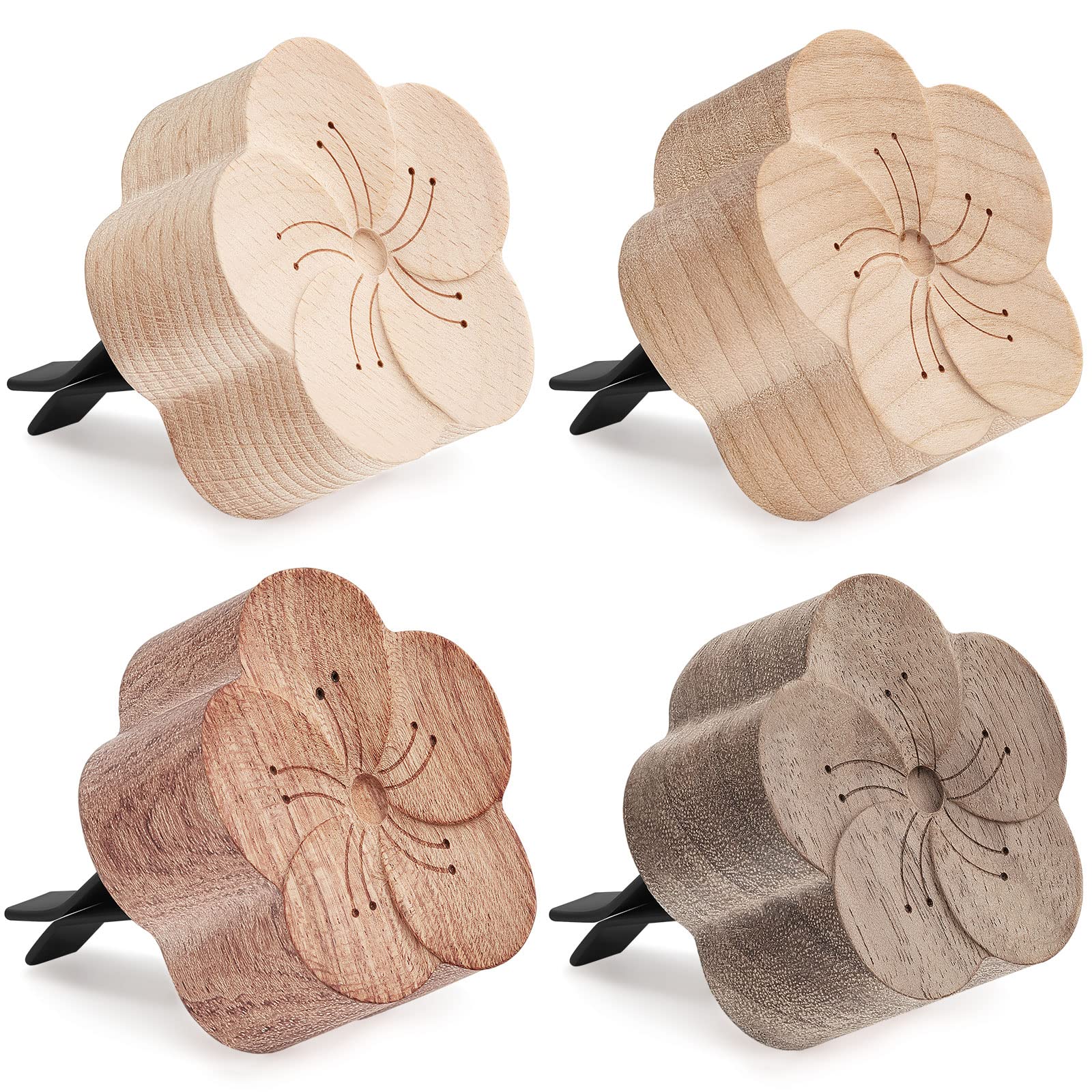 Zubebe Aroma wood diffuser 4-pack shown in a neat display for car and room use