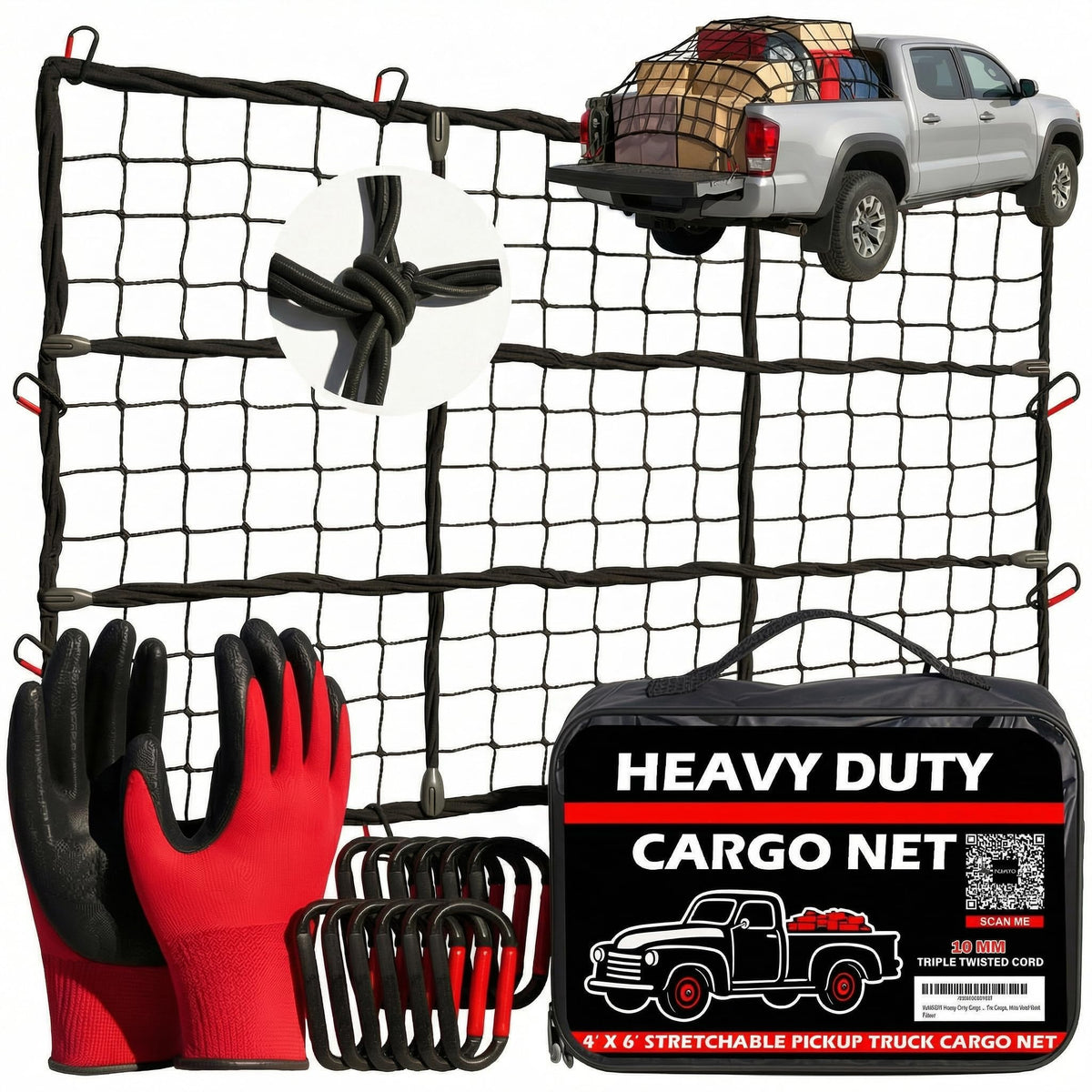 ZULWEST heavy-duty cargo net on a pickup bed showing secure fit and stability.