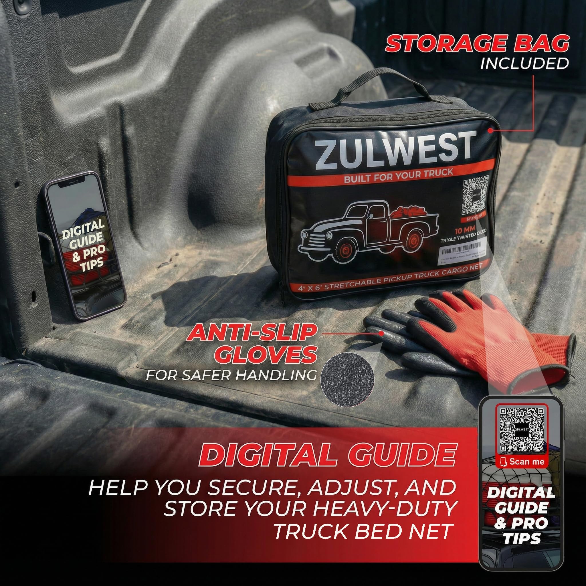 ZULWEST storage bag and anti-slip gloves enhance safe handling during securing.