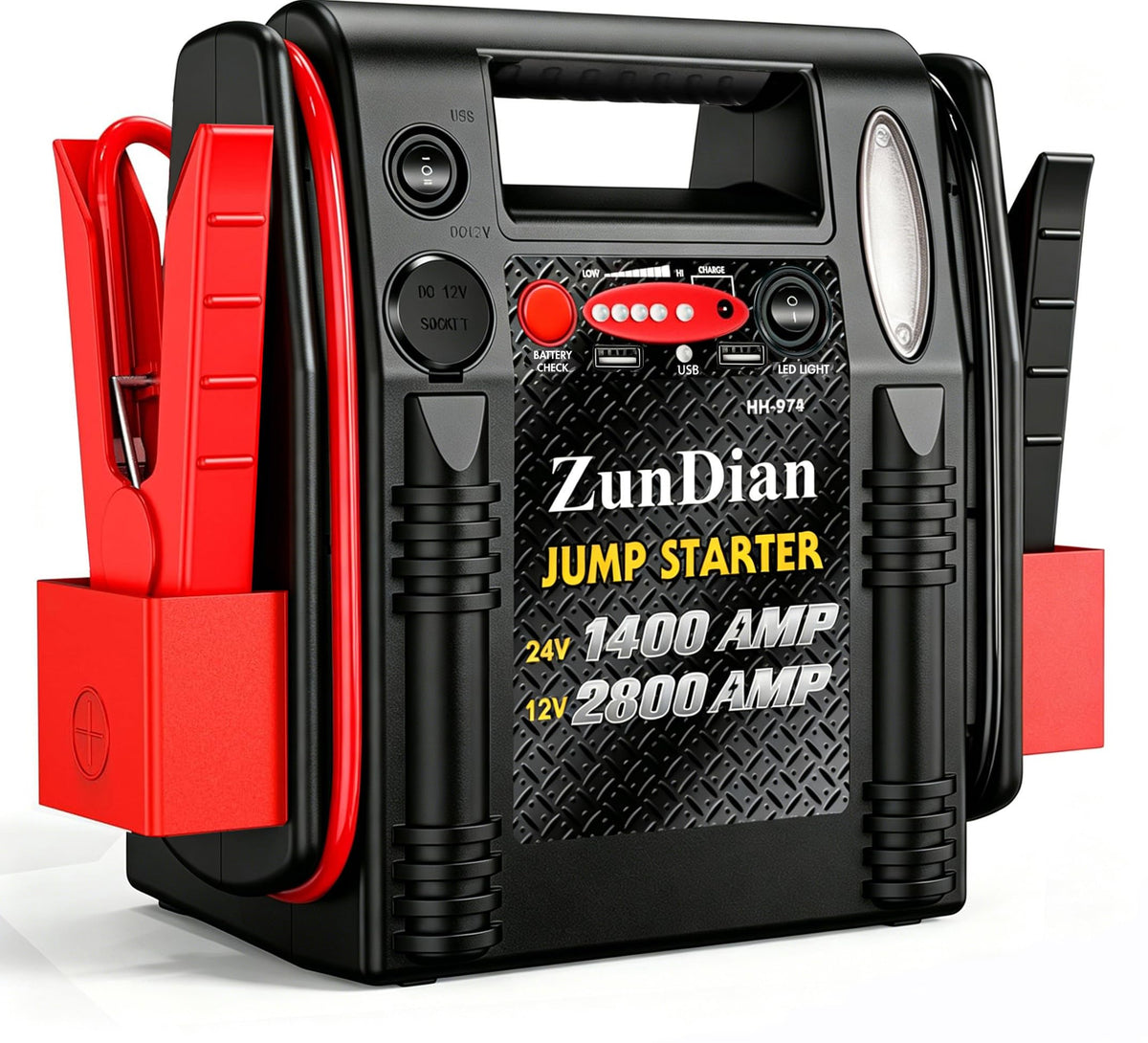 ZunDian jump starter front view showing rugged power unit for reliable starts.