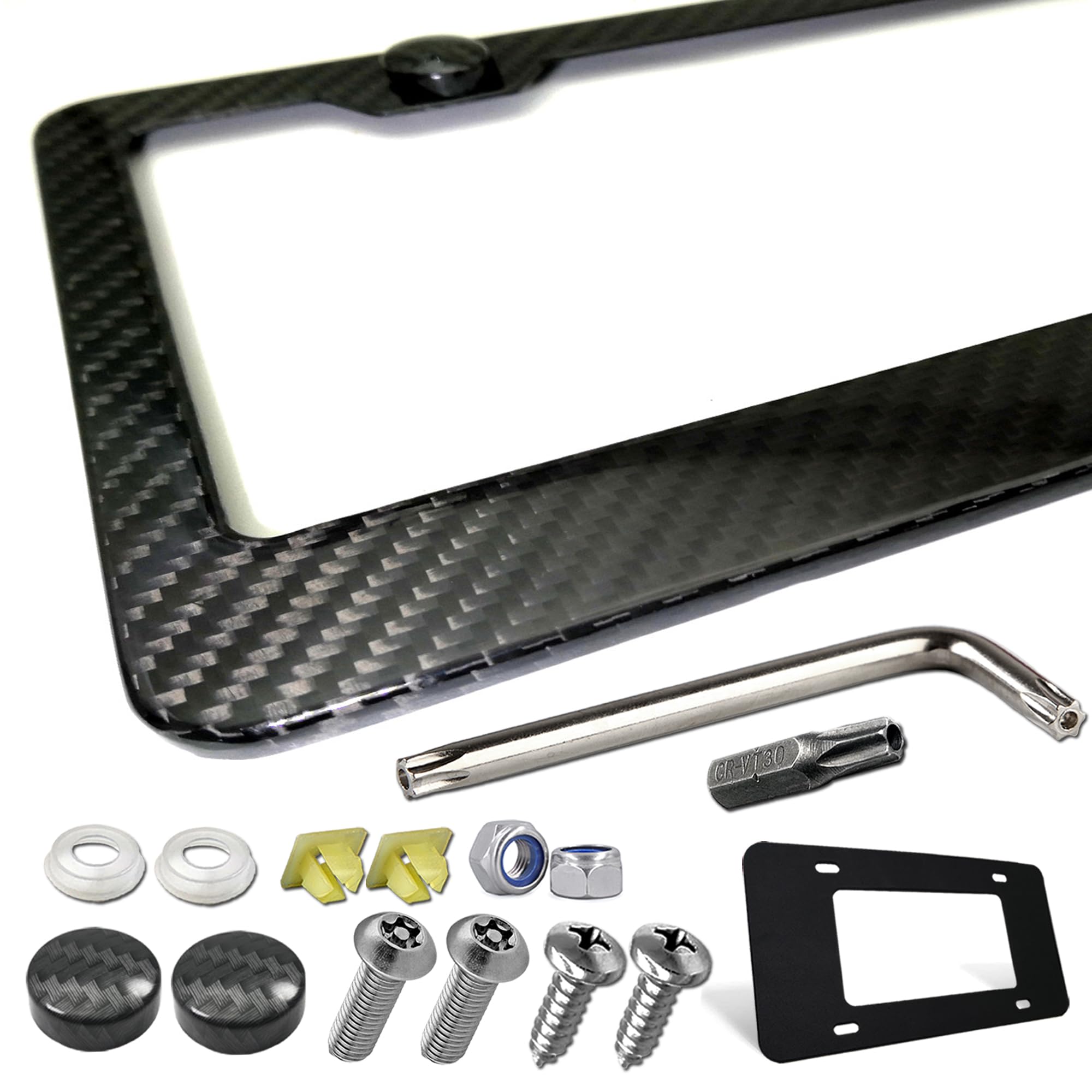 ZXFOOG carbon fiber license frame front view with durable stainless steel and glossy wrap.