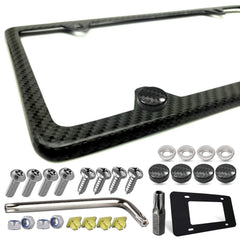 ZXFOOG carbon fiber license plate frame front view showing wrapped finish and gloss