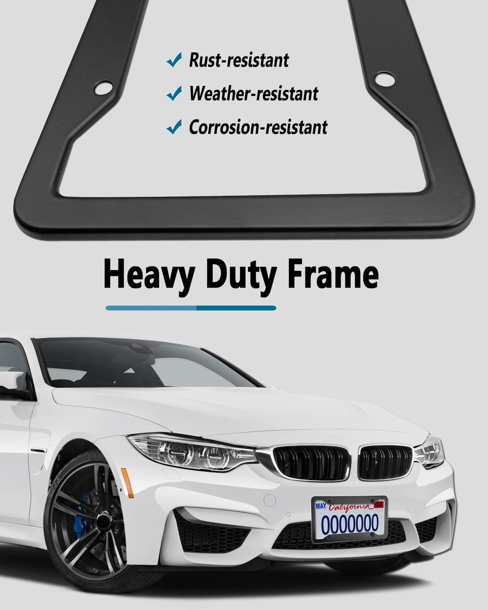 ZXFOOG aluminum license frame closeup emphasizes 1.3mm thickness and corrosion-resistant finish