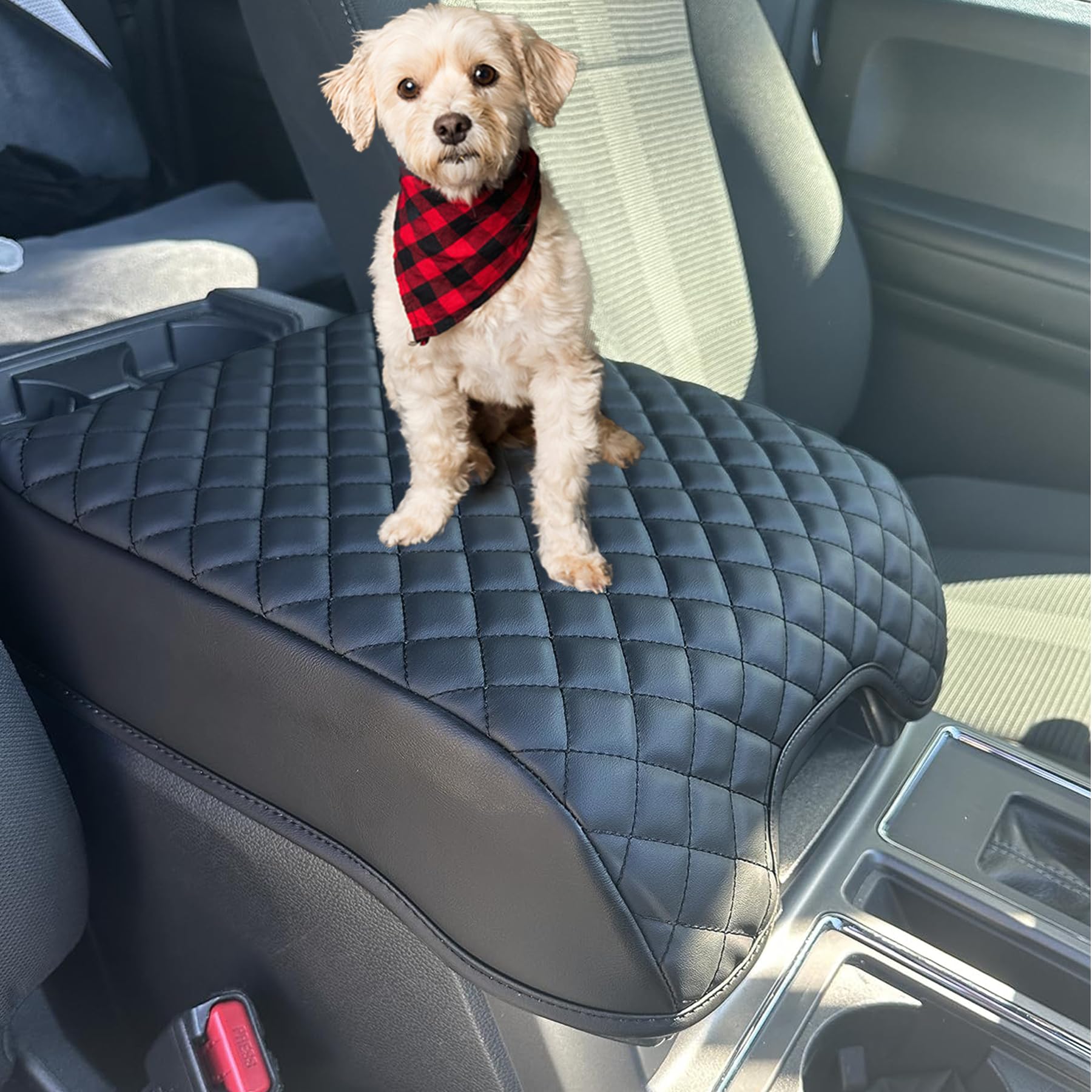 Leather texture and stitching detail on Zxiaochun console cover enhances interior look.
