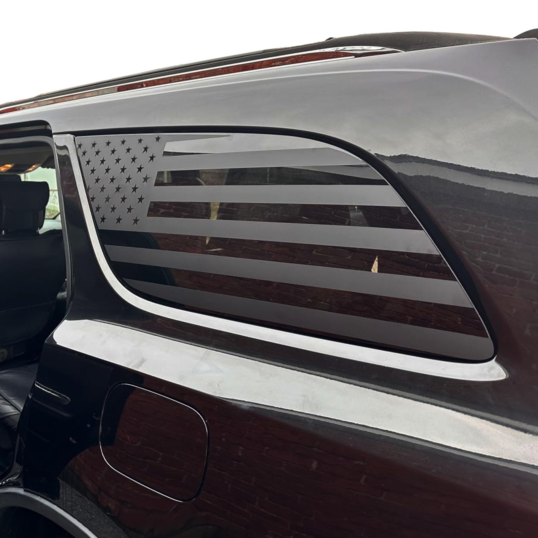 Zxiaochun rear side window USA flag decal on a Dodge Durango with matte black finish.