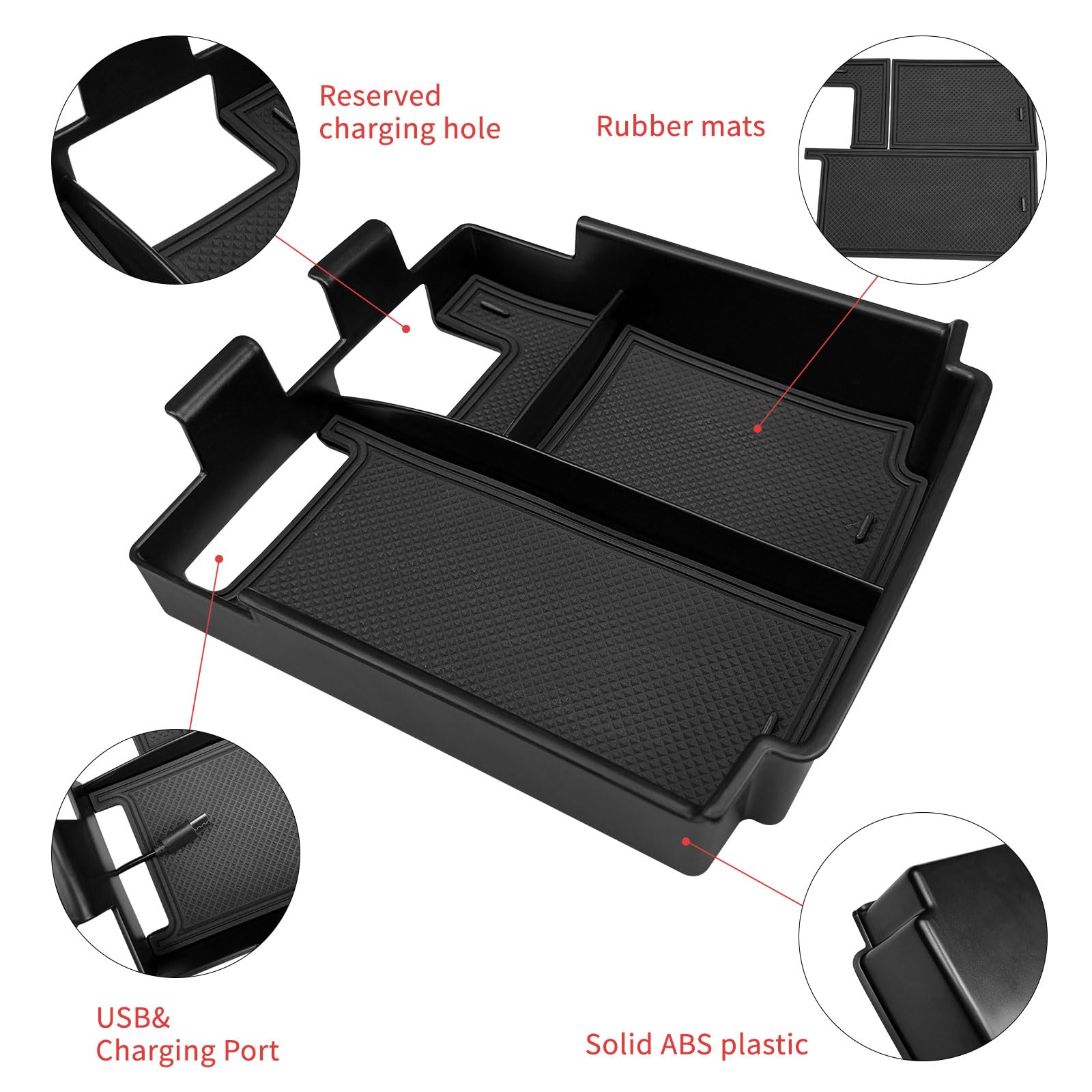 Zxiaochun console tray with reserved power outlet cutouts compatible with charging.
