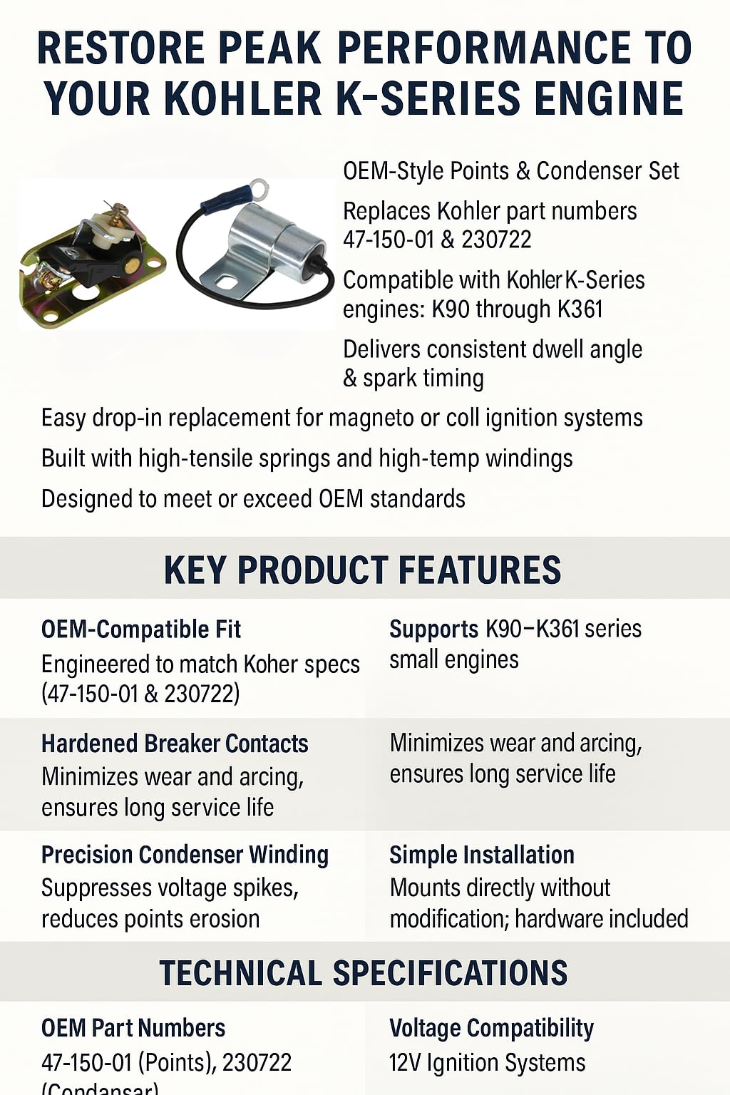 ZYKORNIUM Kohler K301-K-series points-condenser set with drop-in fit.