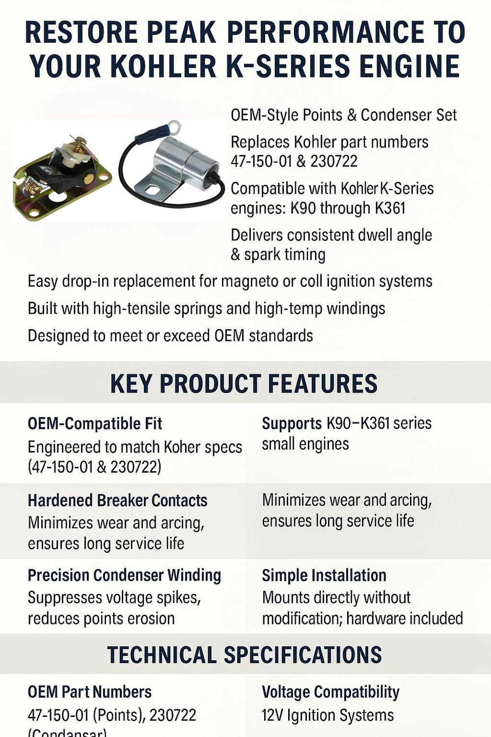 ZYKORNIUM Kohler K301-K-series points-condenser set with drop-in fit.