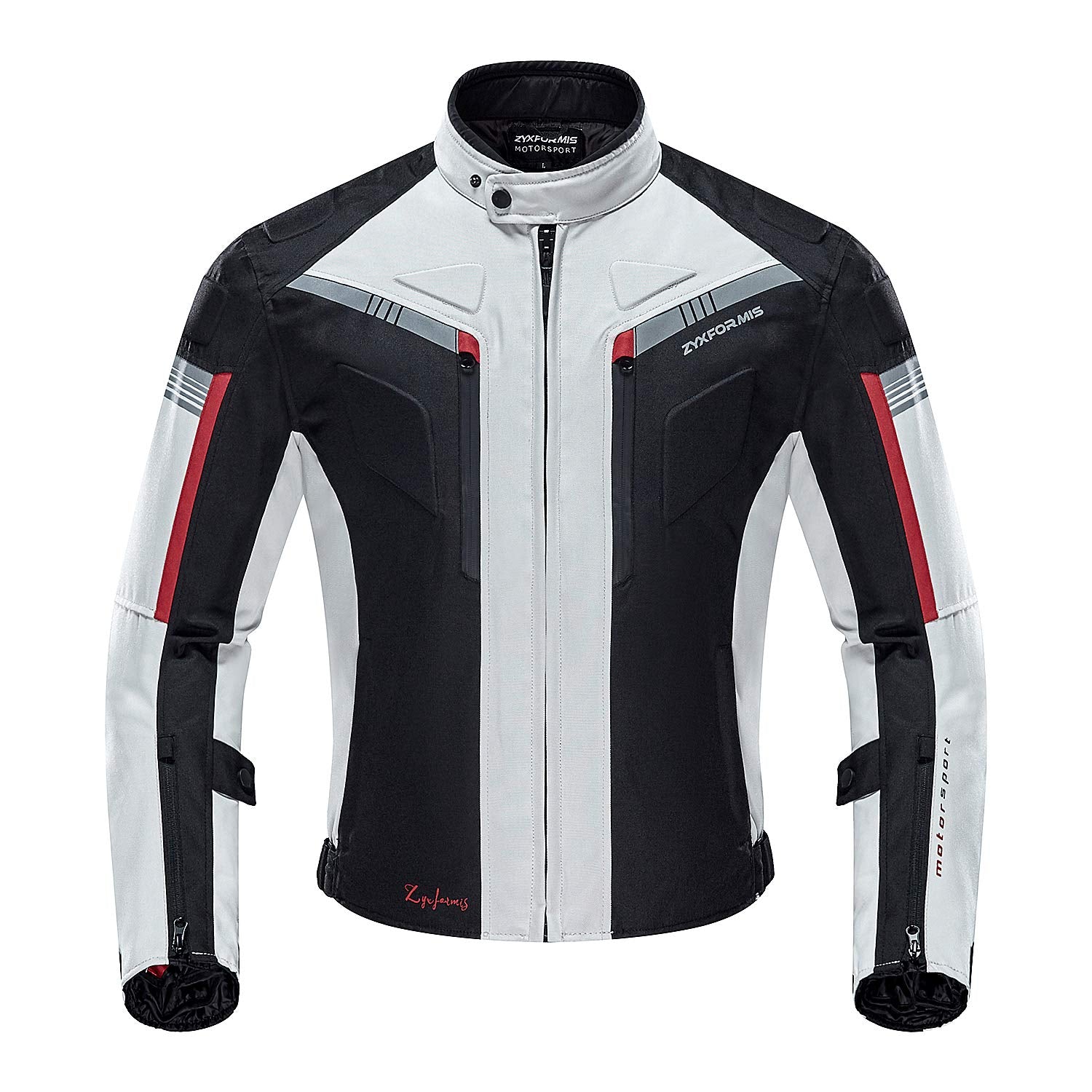 Zyxformis motorcycle jacket front view showing waterproof outer shell for riders