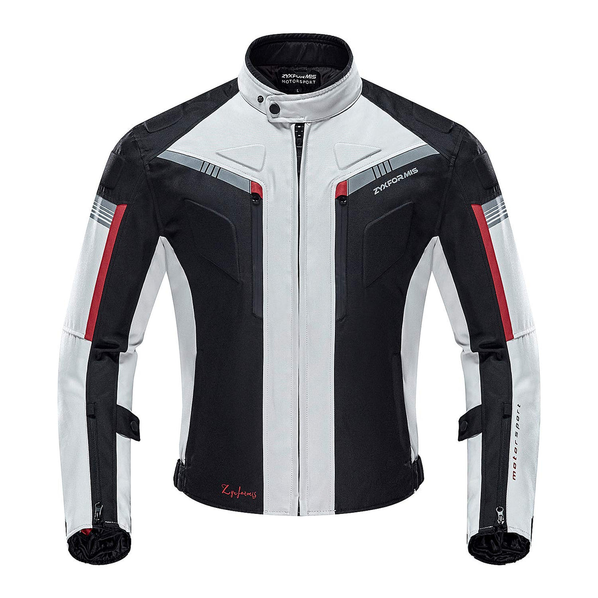 Zyxformis motorcycle jacket front view showing waterproof outer shell for riders