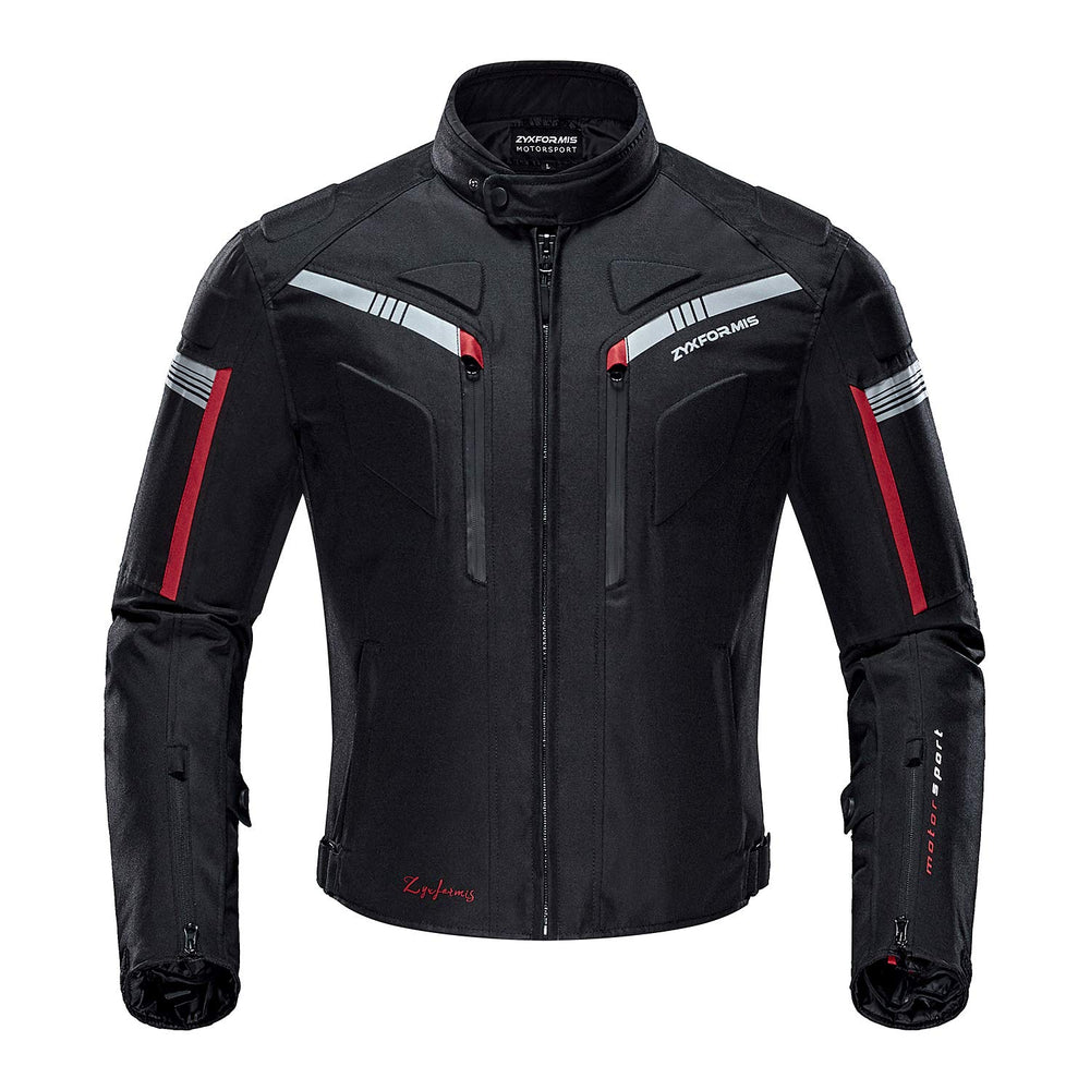 Zyxformis motorcycle jacket front view highlighting ready-to-ride protection and sleek design