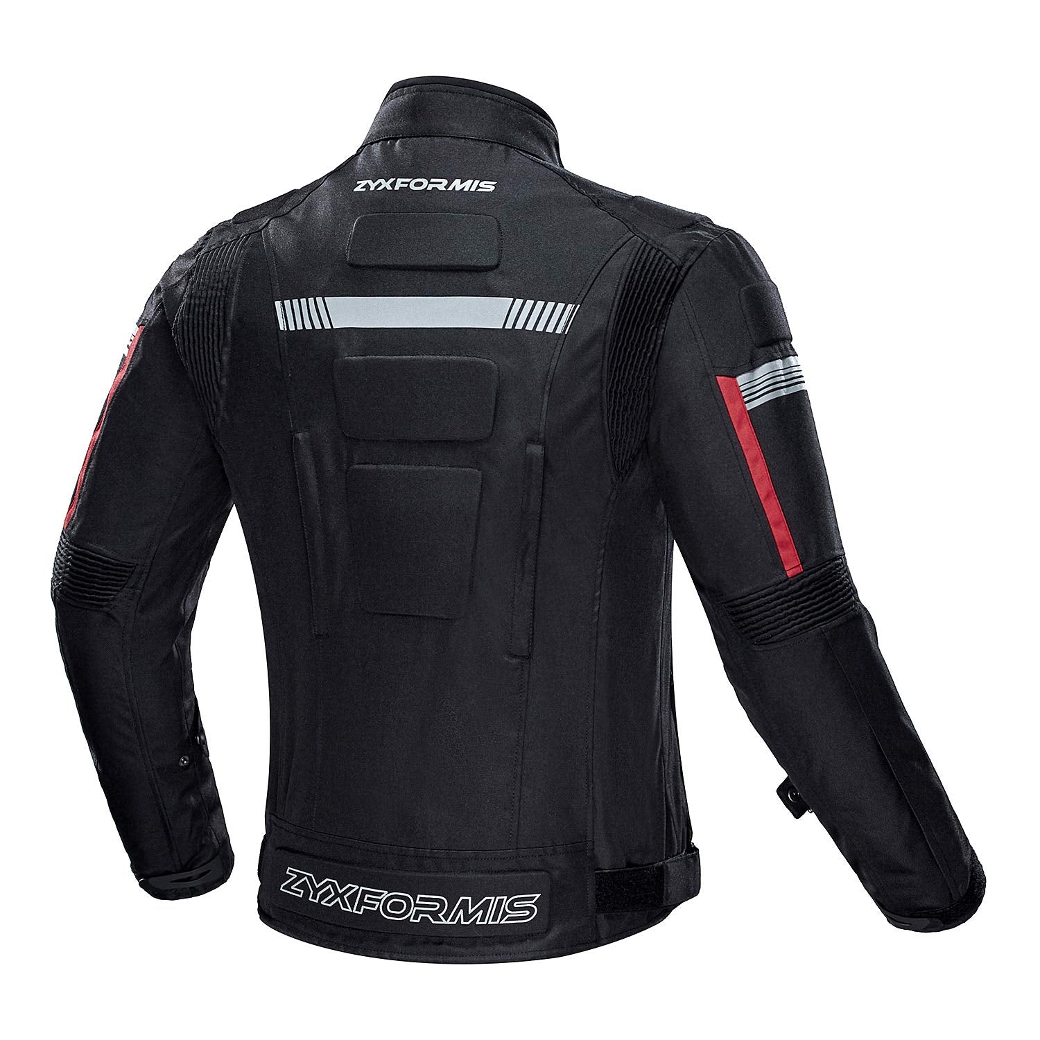 Zyxformis motorcycle jacket interior liner visible for removable warmth in cold weather.
