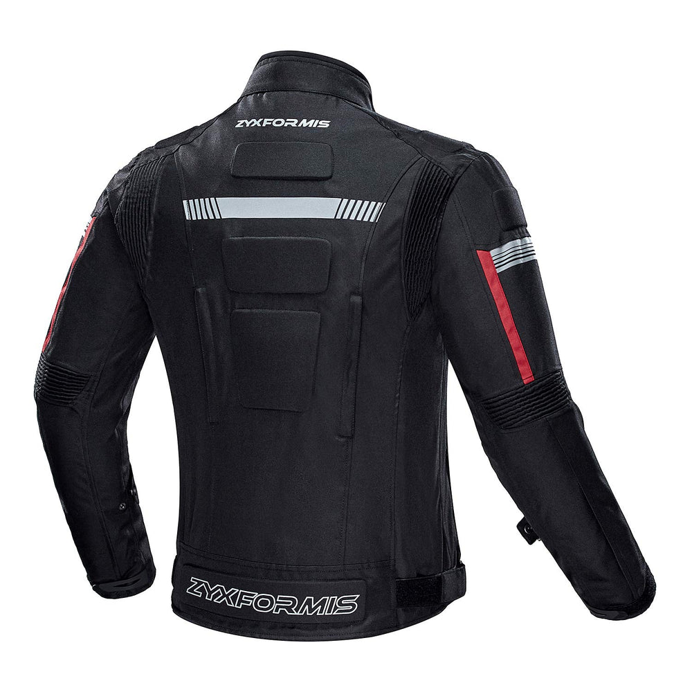 Zyxformis motorcycle jacket interior liner visible for removable warmth in cold weather.