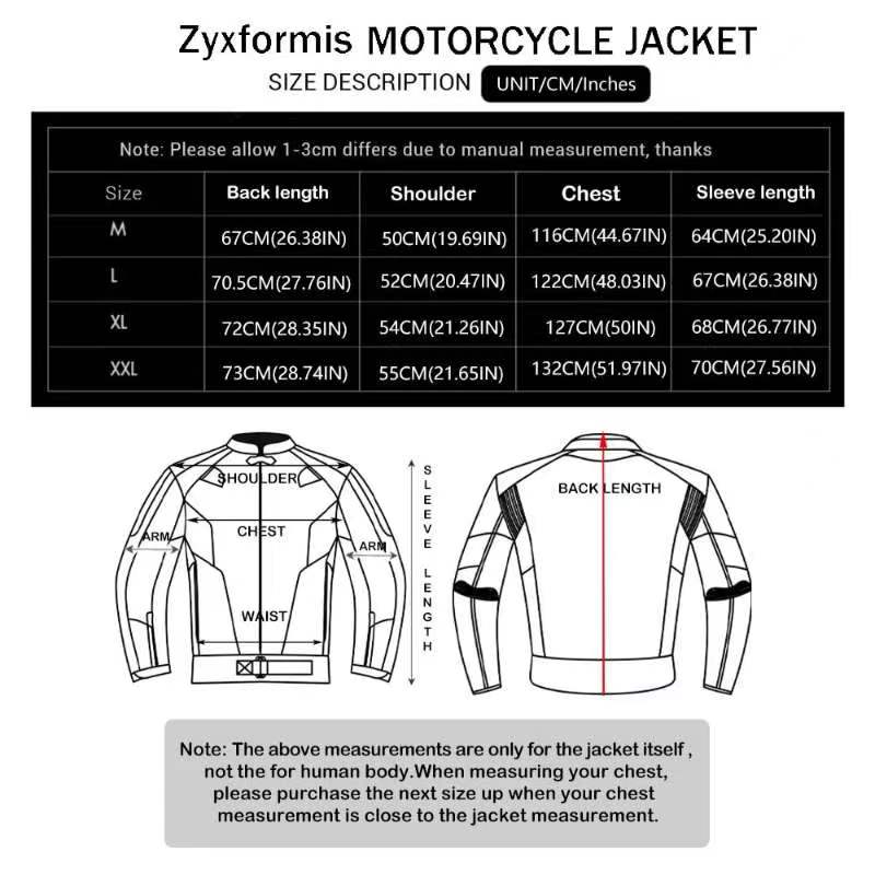 Zyxformis jacket night-reflective design enhances rider visibility after dark.